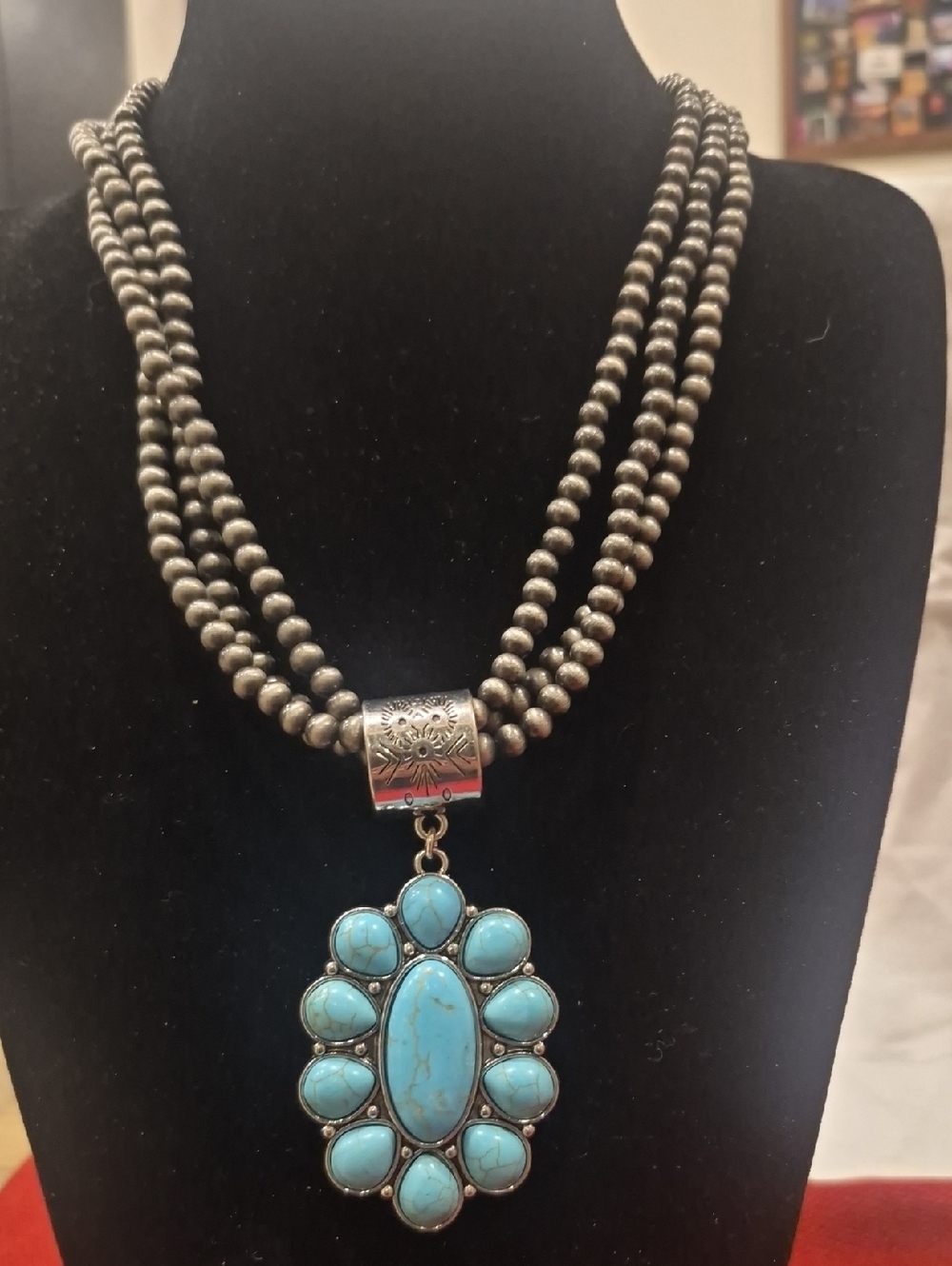 Rustic Couture FauxTurquoise Cluster Pendant Bead Necklace - Silver-Tone
